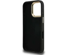 Guess PU 4G Metal Logo Stand Camera Frame dėklas skirtas Apple iPhone 16 Pro juodos spalvos