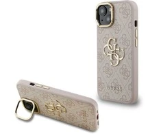 Guess PU 4G Metal Logo Stand Camera Frame dėklas skirtas Apple iPhone 15 rožinės spalvos