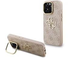 Guess PU 4G Metal Logo Stand Camera Frame dėklas skirtas Apple iPhone 16 Pro rožinės spalvos