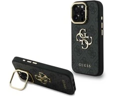 Guess PU 4G Metal Logo Stand Camera Frame dėklas skirtas Apple iPhone 15 Pro juodos spalvos