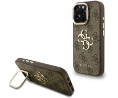 Guess PU 4G Metal Logo Stand Camera Frame dėklas skirtas Apple iPhone 16 Pro rudos spalvos