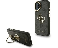 Guess PU 4G Metal Logo Stand Camera Frame dėklas skirtas Apple iPhone 16 juodos spalvos