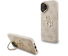 Guess PU 4G Metal Logo Stand Camera Frame dėklas skirtas Apple iPhone 16 rožinės spalvos