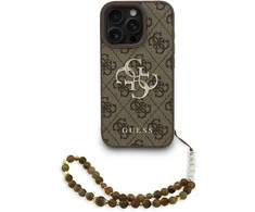 Guess PU 4G Metal Logo Strap dėklas skirtas Apple iPhone 16 Pro Max rudos spalvos