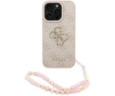 Guess PU 4G Metal Logo Strap dėklas skirtas Apple iPhone 16 Pro rožinės spalvos