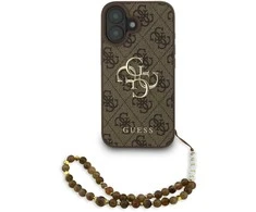 Guess PU 4G Metal Logo Strap dėklas skirtas Apple iPhone 16 rudos spalvos