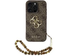Guess PU 4G Metal Logo Strap dėklas skirtas Apple iPhone 15 Pro Max rudos spalvos
