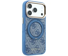 Guess PU 4G Ring Stand MagSafe dėklas, skirtas iPhone 18 Pro, mėlynas