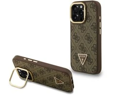 Guess PU 4G Strass Triangle Logo Stand Camera Frame MagSafe dėklas skirtas Apple iPhone 15 Pro Max rudos spalvos