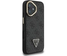 Guess PU 4G Strass Triangle Logo Stand Camera Frame MagSafe dėklas skirtas Apple iPhone 16 juodos spalvos