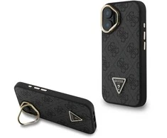 Guess PU 4G Strass Triangle Logo Stand Camera Frame MagSafe dėklas skirtas Apple iPhone 16 juodos spalvos