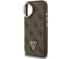 Guess PU 4G Strass Triangle Logo Stand Camera Frame MagSafe dėklas skirtas Apple iPhone 16 rudos spalvos