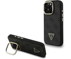 Guess PU 4G Strass Triangle Logo Stand Camera Frame MagSafe dėklas skirtas Apple iPhone 15 Pro Max juodos spalvos