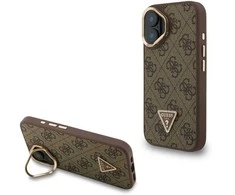 Guess PU 4G Strass Triangle Logo Stand Camera Frame MagSafe dėklas skirtas Apple iPhone 16 rudos spalvos