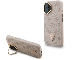 Guess PU 4G Strass Triangle Logo Stand Camera Frame MagSafe dėklas skirtas Apple iPhone 16 rožinės spalvos