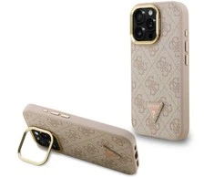 Guess PU 4G Strass Triangle Logo Stand Camera Frame MagSafe dėklas skirtas Apple iPhone 15 Pro Max rožinės spalvos