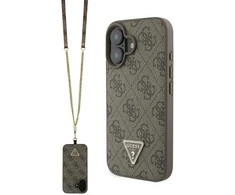 Apple iPhone 16 Guess Leather Metal Logo Strass Crossbody + Dirželis (GUHCP16SP4TDSCPW) dėklas telefonui rudos spalvos
