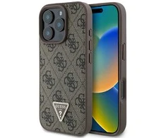 Guess Leather 4G Triangle Strass MagSafe Apple iPhone 16 Pro Max – dėklas telefonui rudos spalvos