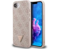 Guess PU 4G Strass Triangle Metal Logo dėklas Apple iPhone 16e rožinės spalvos