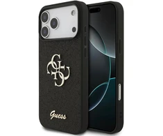 Guess PU fiksuotas blizgučių 4G metalinis logotipo dėklas, skirtas iPhone 18 Pro Max, juodas