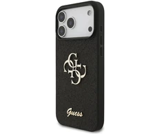 Guess PU fiksuotas blizgučių 4G metalinis logotipo dėklas, skirtas iPhone 18 Pro Max, juodas