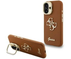 Guess PU Grained 4G Logo Stand Camera Frame dėklas skirtas Apple iPhone 16 rudos spalvos