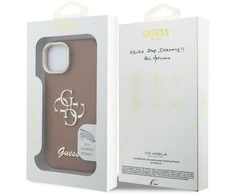 Guess PU Grained 4G Logo Stand Camera Frame dėklas skirtas Apple iPhone 14 rudos spalvos