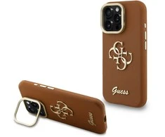 Guess PU Grained 4G Logo Stand Camera Frame dėklas skirtas Apple iPhone 15 Pro Max rudos spalvos