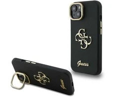 Guess PU Grained 4G Logo Stand Camera Frame dėklas skirtas Apple iPhone 15 juodos spalvos