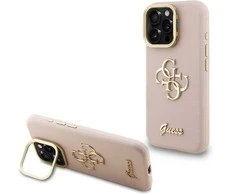 Guess PU Grained 4G Logo Stand Camera Frame dėklas skirtas Apple iPhone 15 Pro rožinės spalvos