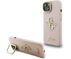Guess PU Grained 4G Logo Stand Camera Frame dėklas skirtas Apple iPhone 15 rožinės spalvos