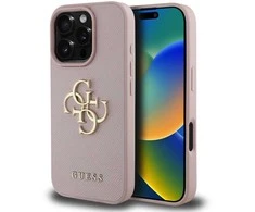 Dėklas Guess PU Grained 4G Metal Logo dėkals tavo Apple iPhone 16 Pro rožinės spalvos