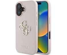 Guess Grained Big 4G Logo Small Classic Logo Apple iPhone 16 dėklas telefonui rožinės spalvos