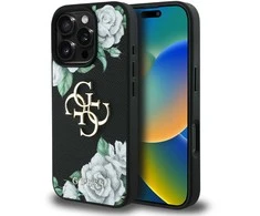 Guess PU Grained Roses 4G Metal Logo dėklas skirtas Apple iPhone 16 Pro juodos spalvos