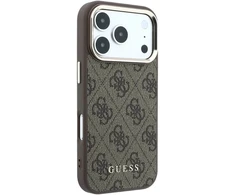 Guess Dirbtinės odos 4G auksinis rėmelis MagSafe dėklas iPhone 18 Pro Max rudas