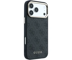 Guess PU odos dėklas su 4G aukso rėmeliu, MagSafe, iPhone 18 Pro, juodos spalvos