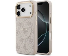 Guess PU Leather 4G Gold Frame MagSafe dėklas skirtas Apple iPhone 17 Pro rožinės spalvos