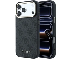 Guess PU odos 4G auksinio rėmelio „MagSafe“ dėklas, skirtas „iPhone 18 Pro“, juodas
