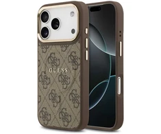 Guess PU Leather 4G Gold Frame MagSafe dėklas skirtas Apple iPhone 17 Pro rudos spalvos