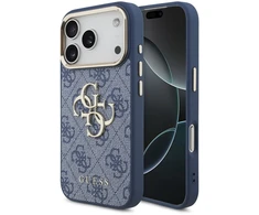 Dėklas Guess PU Leather 4G Metal Logo Gold Frame Case for iPhone 18 Pro Mėlyna
