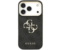 Dėklas Guess PU odos 4G metalinio logotipo auksinis rėmelis iPhone 18 Pro telefonui, juodas