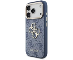 Dėklas Guess PU Leather 4G Metal Logo Gold Frame Case for iPhone 18 Pro Mėlyna