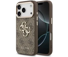 Guess PU Leather 4G Metal Logo Gold Frame dėklas skirtas Apple iPhone 17 Pro Max rudos spalvos