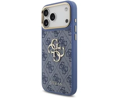 Dėklas Guess PU Leather 4G Metal Logo Gold Frame Case for iPhone 18 Pro Max Mėlyna