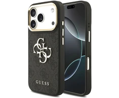 Dėklas Guess PU odos 4G metalinio logotipo auksinis rėmelis iPhone 18 Pro telefonui, juodas