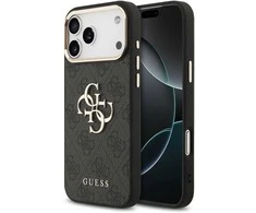 Guess PU Leather 4G Metal Logo Gold Frame dėklas skirtas Apple iPhone 17 Pro Max juodos spalvos