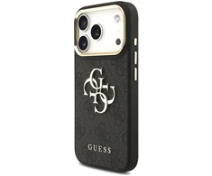 Dėklas Guess PU odos 4G metalinio logotipo auksinis rėmelis iPhone 18 Pro telefonui, juodas