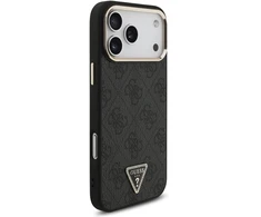 Guess PU oda 4G Strass trikampis logotipas aukso rėmeliu MagSafe dėklas iPhone 18 Pro Max juodos spalvos