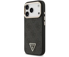 Dėklas Guess PU Leather 4G Strass Triangle Logo Gold Frame MagSafe Case for iPhone 18 Pro Juodas