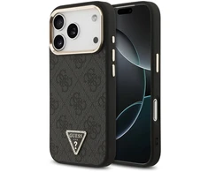 Dėklas Guess PU Leather 4G Strass Triangle Logo Gold Frame MagSafe Case for iPhone 18 Pro Juodas